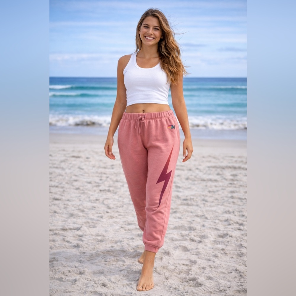 Aviator Nation Womens Pink Lightning Bolt High Waisted Sweatpants Joggers XS